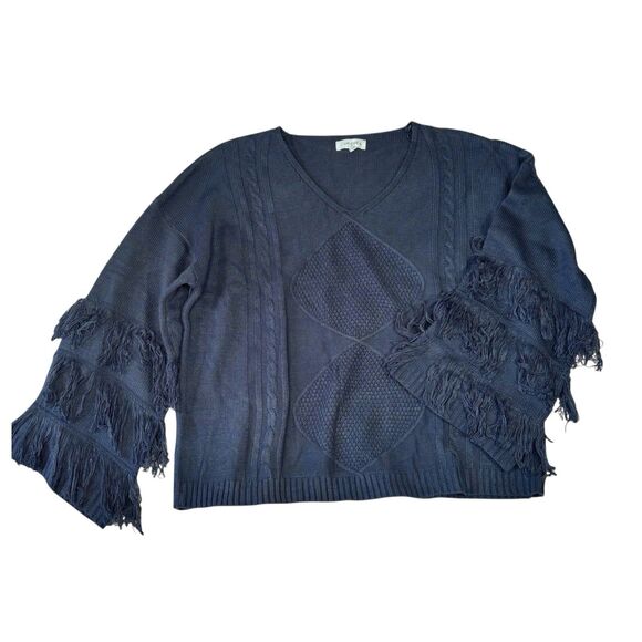 UMGEE Blue Sweater Fringe Bell Sleeves V Neck Boxy Cable Knit - Picture 2 of 9